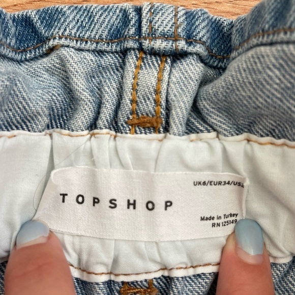 TOPSHOP Paper Bag High Waist Button Fly Blue Denim Shorts Size 2 - Picture 2 of 4